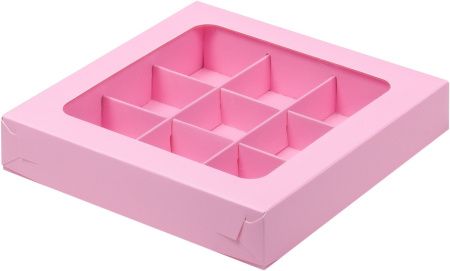 коробка бум. 155х155х30 для 9 конфет розовая матовая с окном